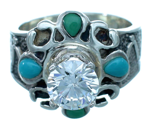 Genuine Sterling Silver Flower Cubic Zirconia Turquoise Inlay Ring Size 6-1/2 LX113104